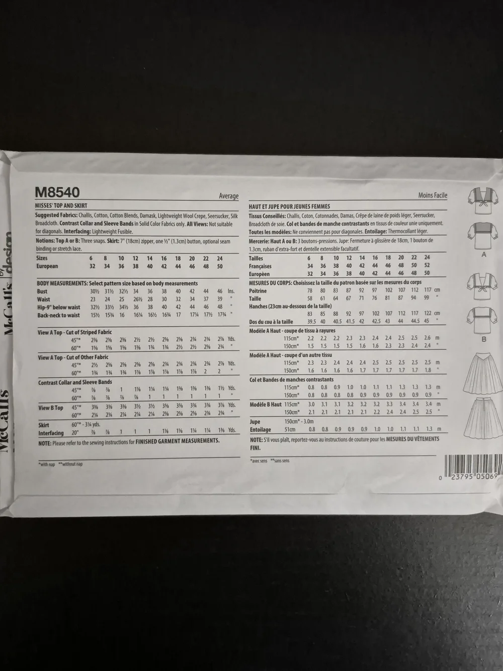 McCall's Pattern M8540 Size U5 *UNCUT*